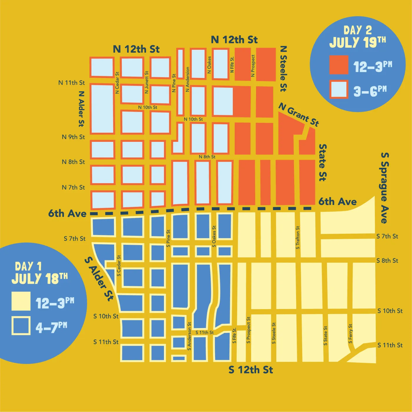 Tacoma Porchfest festival map showing the AM and PM route split